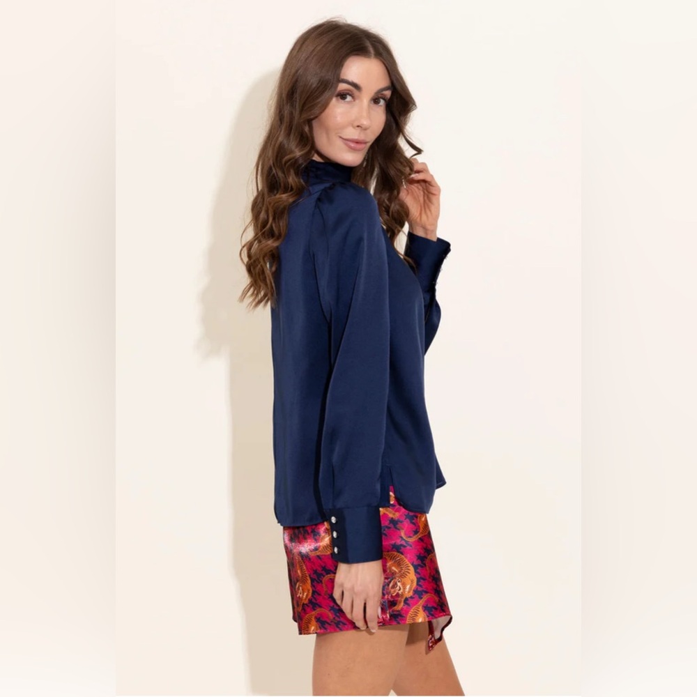 Navy Satin High-Neck Long-Sleeve Blouse - Picture 7 of 11